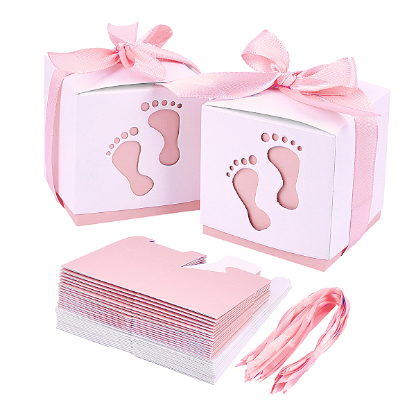 

PandaHall 60 Sets Newborn Baby Footprints Candy Boxes, Baby Shower Candy Boxes Folding Boxes Pink Paper Gift Box with Ribbon Birthday Party...