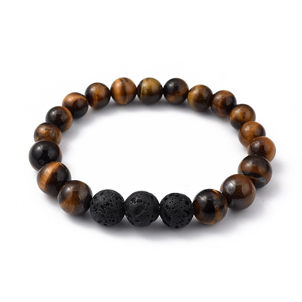 PandaHall Natural Tiger Eye & Lava Rock Beaded Stretch Bracelets, Round, Inner Diameter: 2 inch(5.2cm), Beads: 8.5mm and 10.5mm Tiger Eye
