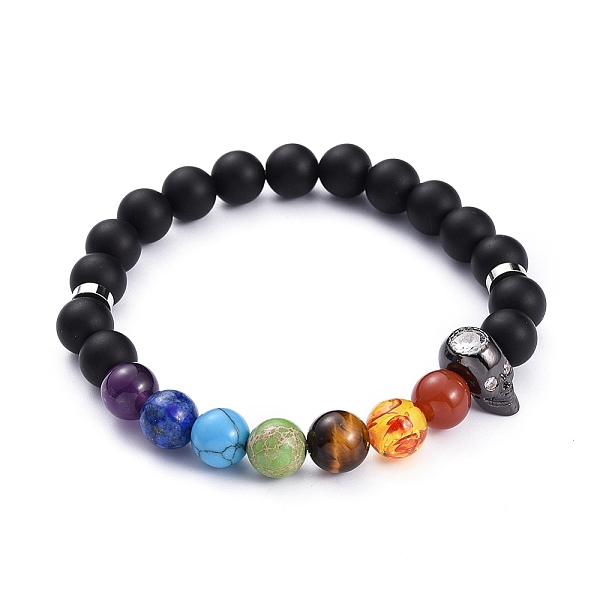 

PandaHall Chakra Jewelry, Natural Lava Rock Stretch Bracelets, with Gemstone Beads, Skull Brass Micro Pave Cubic Zirconia Beads and Brass...