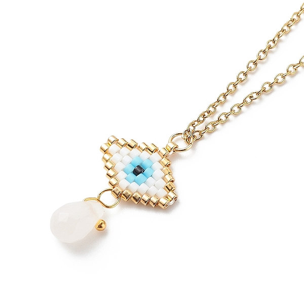 

PandaHall Natural Rose Quartz Teardrop with Japanese Seed Evil Eye Pendant Necklace, Golden 304 Stainless Steel Jewelry for Women, White...