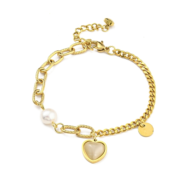 

PandaHall Resin Heart Charm Bracelet with Natural Pearl Beaded, Vacuum Plating 304 Stainless Steel Bracelet for Girl Women, Golden, 7-1/4...