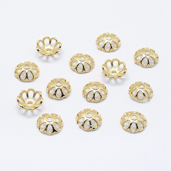 PandaHall 8-Petal Brass Fancy Bead Caps, Long-Lasting Plated, Real 18K Gold Plated, Nickel Free, Flower, 8x3mm, Hole: 1mm Brass