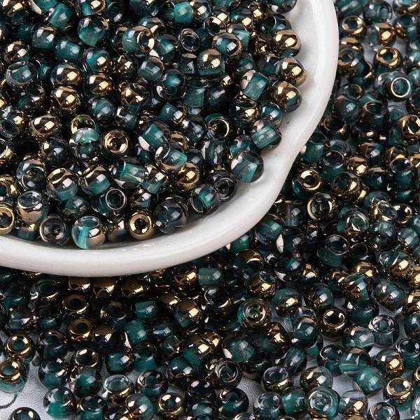 

PandaHall Glass Seed Beads, Inside Colours, Half Gilded Plated, Round, Dark Cyan, 4x3mm, Hole: 1.2mm, 6428pcs/pound Glass