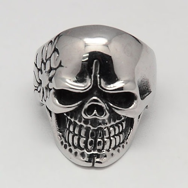 

PandaHall Unique Halloween Jewelry Skull Rings for Men, 304 Stainless Steel Wide Rings, Antique Silver, 17~23mm 304 Stainless Steel