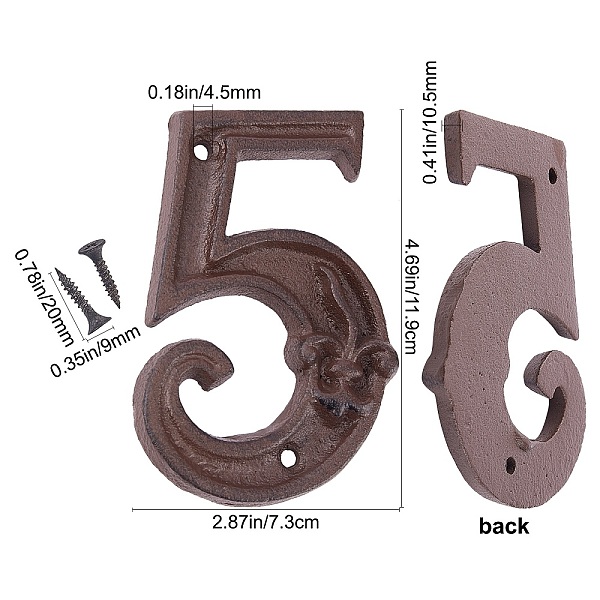 

PandaHall Iron Home Address Number, with 2pcs Screw, Num.5, 119x73x10.5mm, Hole: 4.5mm Iron Number Brown