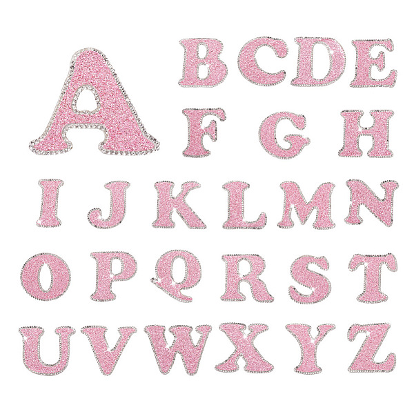 

PandaHall 26 Letters Cloth Iron/Sew on Patches, with Crystal Rhinestone & Glitter Powder, Costume Accessories, Alphabet, Pink...