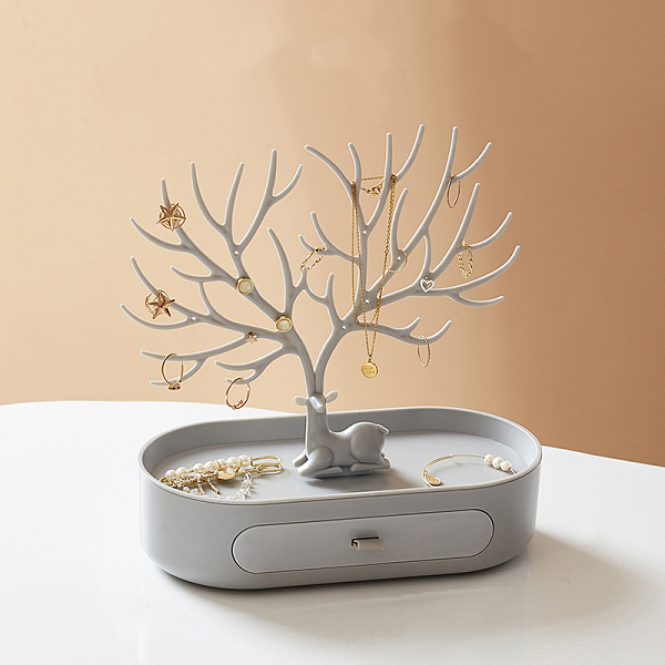 

PandaHall Plastic Earring Display Stands, with Drawer, Deer & Antler, Silver, 24.5x12.5x26cm Plastic Deer Silver