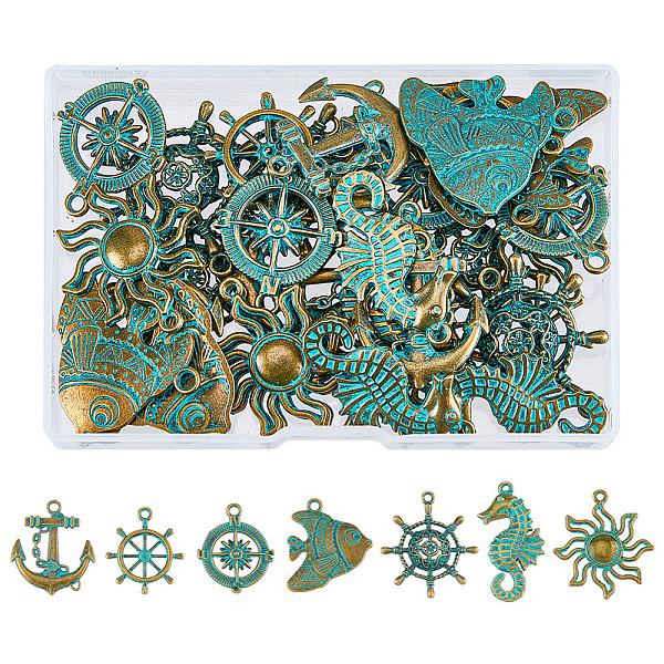 

PandaHall SUPERFINDINGS 42Pcs 7 Styles Ocean Theme Alloy Pendants Green Patina SeaHorse Compass Charm Pendant Metal Fish Pendant Charms for...