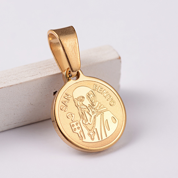 PandaHall 304 Stainless Steel Charms, Flat Round with Saint Benedict of Nursia, Golden, 14x12x1.5mm, Hole: 4x7mm 304 Stainless Steel Flat... PandaHall 304 Stainless Steel Charms, Flat Round with Saint Benedict of Nursia, Golden, 14x12x1.5mm, Hole: 4x7mm 304 Stainless Steel Flat...
