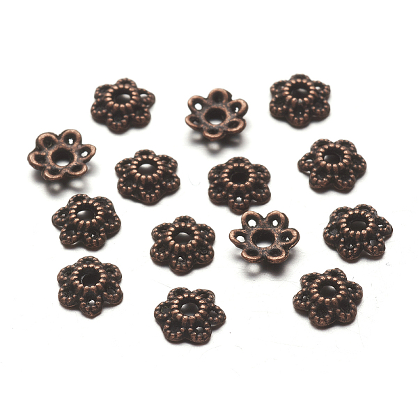 

PandaHall 6-Petal Tibetan Style Alloy Hollow Flower Bead Caps, Cadmium Free & Nickel Free & Lead Free, Red Copper, 6x1.5mm, Hole: 2mm Alloy