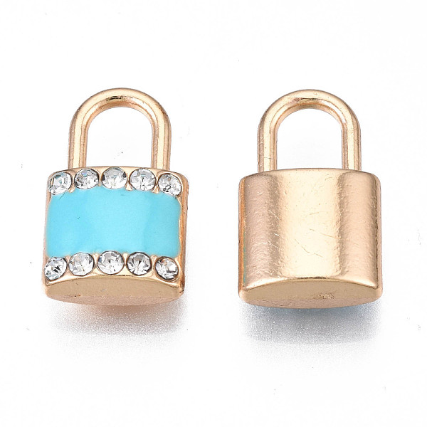 

PandaHall Rack Plating Alloy Enamel Pendants, with Crystal Rhinestone, Cadmium Free & Nickel Free & Lead Free, Light Gold, Lock, Cyan...