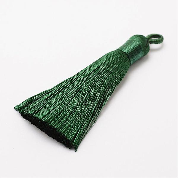 

PandaHall Polyester Tassel Big Pendant Decorations, Ice Silk Tassel, Dark Green, 60~67x8mm, Hole: 5x7mm Polyester Green