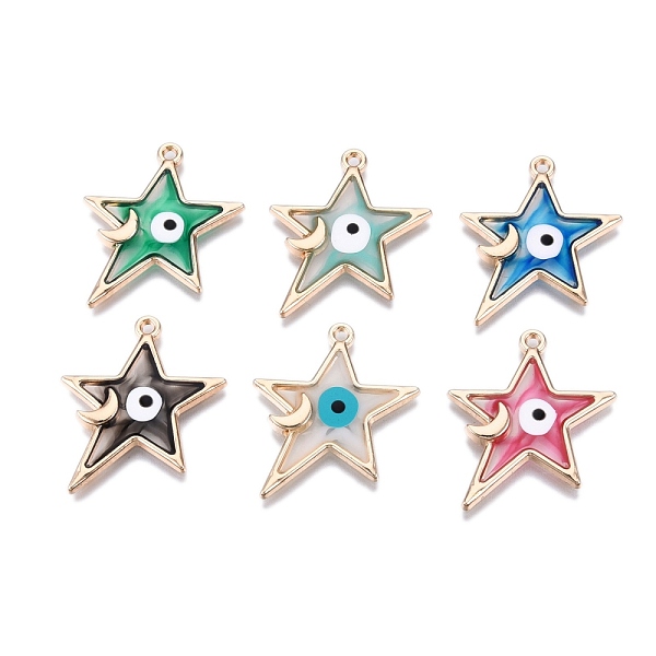 

PandaHall Alloy Enamel Pendants, Golden, Star with Moon and Evil Eye, Mixed Color, 28.5x24x2mm, Hole: 1.5mm Alloy+Enamel Star Multicolor
