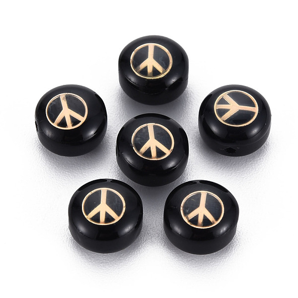 

PandaHall Handmade Lampwork Beads, with Golden Plated Brass Etched Metal Embellishments, Flat Round with Peace Sign, Black, 8x5~6mm, Hole...