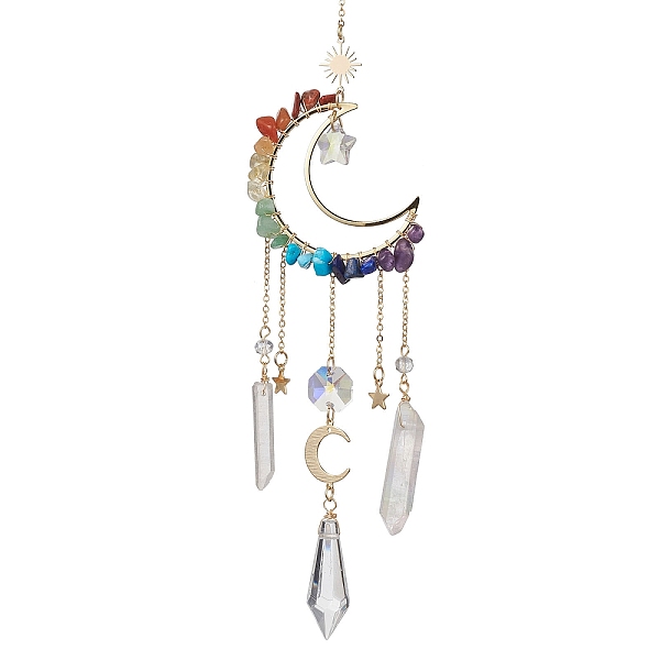 

PandaHall Natural & Synthetic Mixed Stone Wire Wrapped Moon Hanging Ornaments, Cone Glass Tassel Suncatchers for Home Outdoor Decoration...