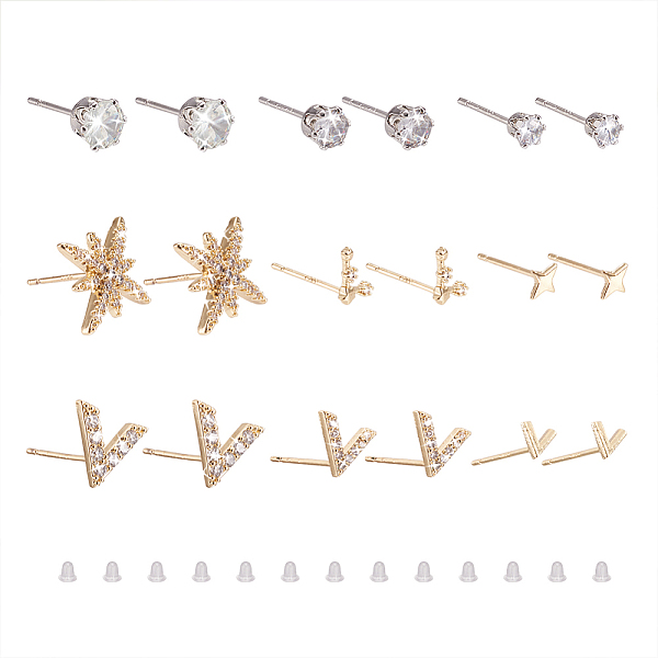 

PandaHall Kissitty 9Pair 9 Style Star & V-shape Brass Stud Earrings, Dainty Clear Cubic Zirconia Earrings for Women, Platinum & Golden...