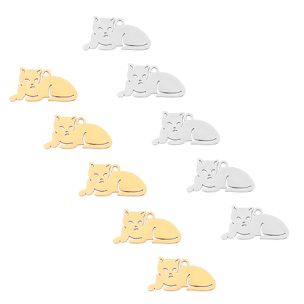 PandaHall Unicraftale 201 Stainless Steel Kitten Pendants, Lying Down Cat Shape, Golden & Stainless Steel Color, 9.5x19x1mm, Hole: 1.5mm, 2