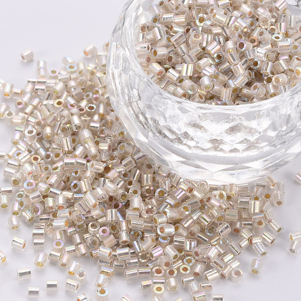 

PandaHall Glass Bugle Beads, Silver Lined Colours Rainbow, Floral White, 2.5~3x2mm, Hole: 0.9mm, about 15000pcs/pound Glass