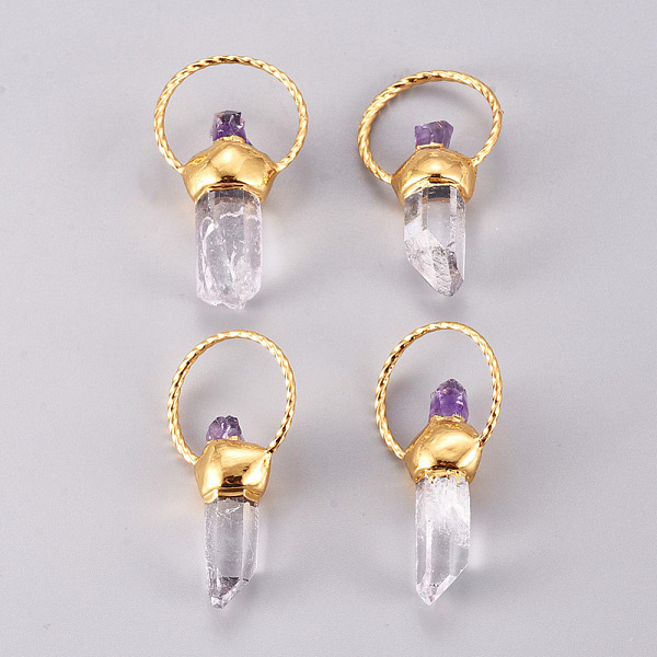 

PandaHall Natural Gemstone Pointed Pendants, Natural Amethyst & Quartz Crystal, with Brass Loop, Prismatic, Golden, 39~53x21~22x9~11mm, Hole..., Multicolor