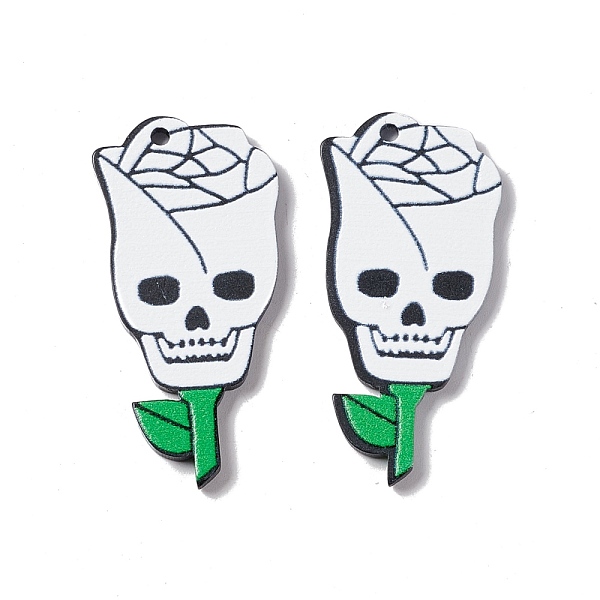 

PandaHall Halloween Printed Acrylic Pendants, Rose with Skull Pattern, White, 44.5x21x3mm, Hole: 2mm Acrylic Flower White