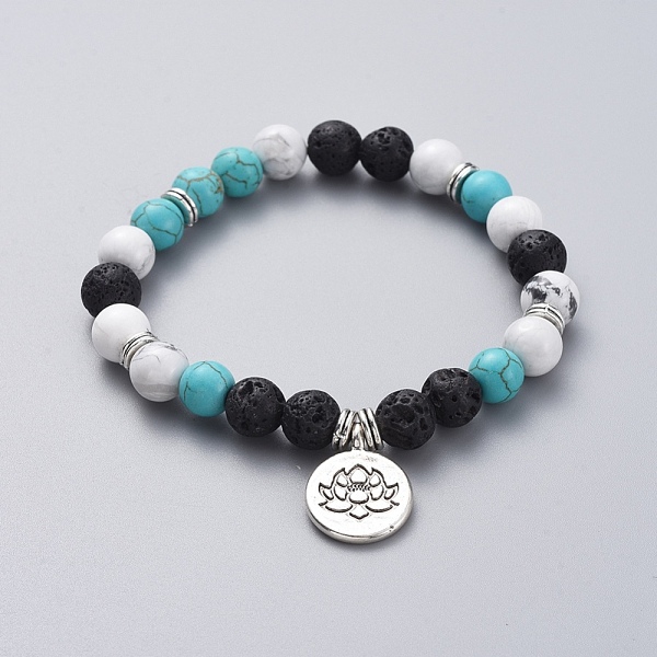 

PandaHall Buddhist Theme Synthetic Turquoise, Natural Lava Rock, Howlite Round Beads Stretch Bracelets, with Tibetan Style Alloy Flat Round...