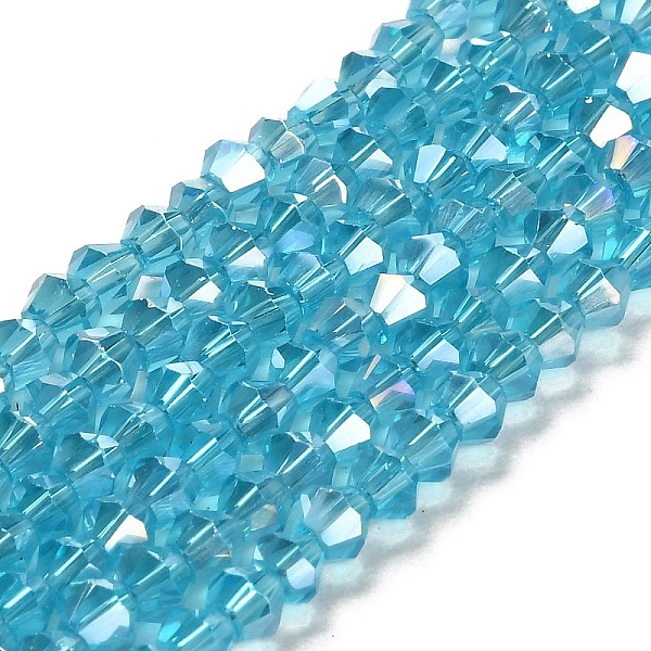 

PandaHall Glass Beads Strands, AB Color Plated, Faceted, Bicone, Deep Sky Blue, 3x3~3.5mm, Hole: 0.5mm, about 113~115pcs/strand, 36~36.5cm...