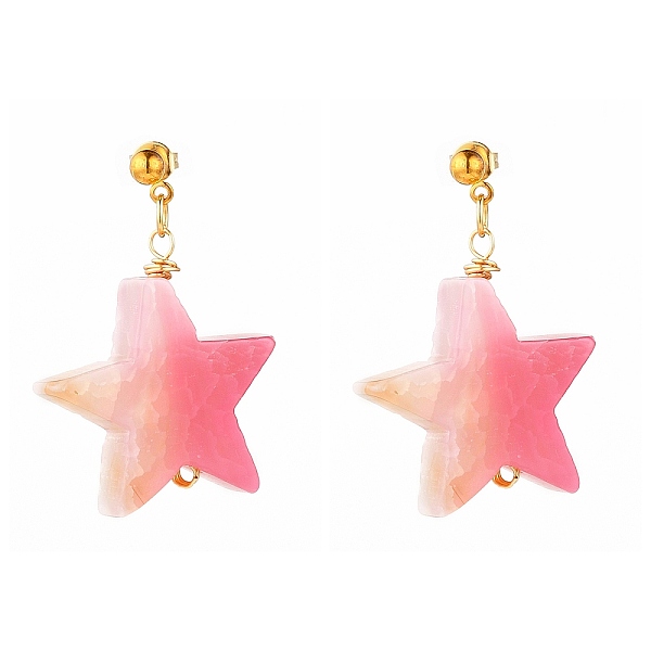 

PandaHall Natural Agate Star Dangle Stud Earrings, with Iron Ball Stud Earring Findings and Brass Ear Nuts, Golden, Hot Pink, 1-1/2 inch...