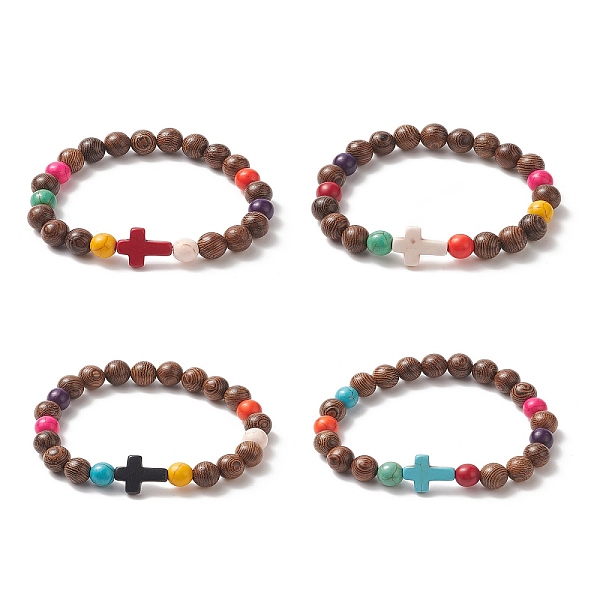 

PandaHall Dyed Synthetic Turquoise Cross & Wood Round Beaded Stretch Bracelet for Women, Mixed Color, Inner Diameter: 1-3/4 inch(4.5cm)..., Multicolor