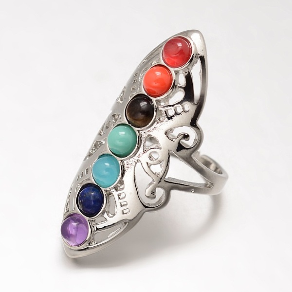 

PandaHall Chakra Jewelry, Brass Gemstone Finger Rings, Hollow, Platinum, Size 8, 18mm Mixed Stone