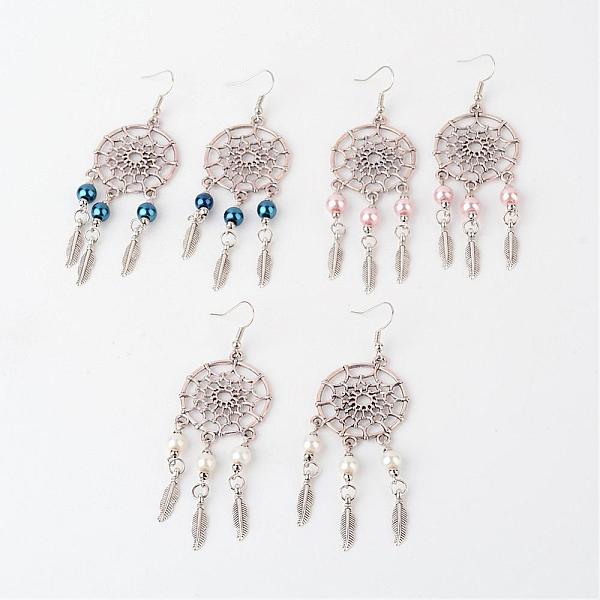 

PandaHall Alloy Glass Pearl Dangle Earrings, Woven Net/Web with Feather, with Brass Earring Hooks, Mixed Color, 85mm, pin: 0.8mm Glass..., Multicolor