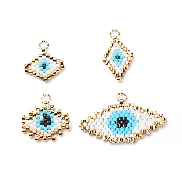 

PandaHall 4Pcs 4 Style Braided MIYUKI Japanese Seed Beaded Pendants, Rhombus with Evil Eye, White, 16~20.5x11~32x1.5mm, Hole: 3mm, 1Pc/style...