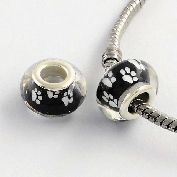 

PandaHall Large Hole Dog Paw Prints Pattern Resin European Beads, with Platinum Plated Brass Double Cores, Rondelle, White, 14x9mm, Hole...