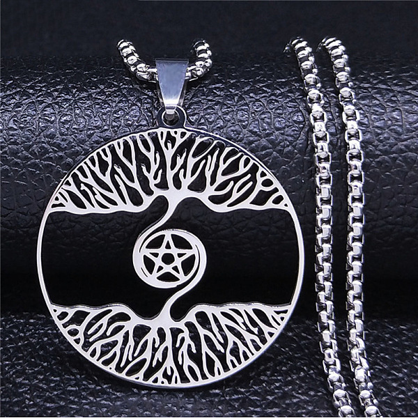 

PandaHall 304 Stainless Steel Pendant Necklaces, Flat Round with Tree of Life Pattern, Stainless Steel Color, 20.16 inch(51.2cm) 304...