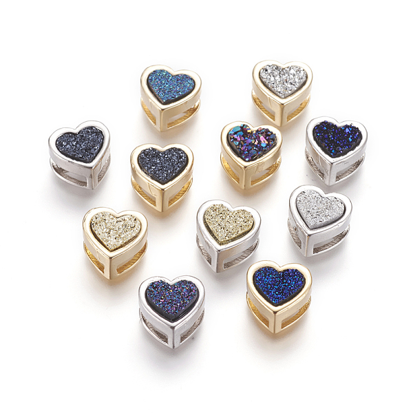 

PandaHall Brass Slide Charms, with Druzy Resin Cabochons, Heart, Mixed Color, 13x13x8~8.5mm, Hole: 3x11mm Brass Heart Multicolor