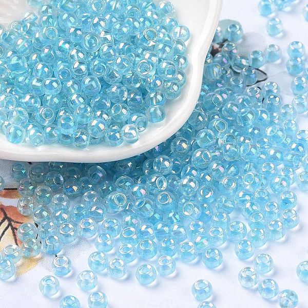 

PandaHall 6/0 Glass Seed Beads, Inside Colours, Round, Transparent Colours Rainbow, Light Sky Blue, 4x3mm, Hole: 1.2mm, about 6925pcs/pound...