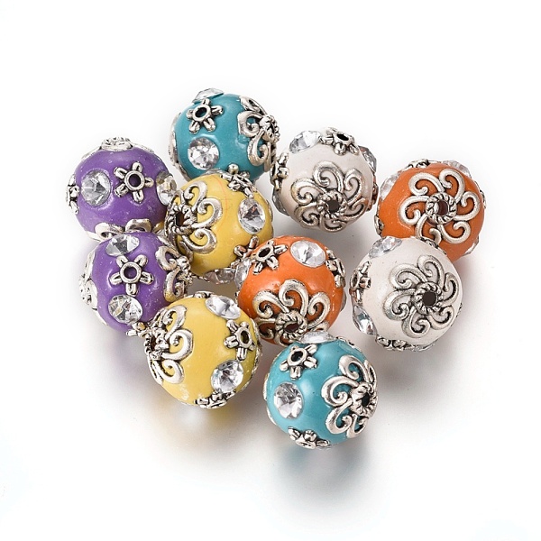 

PandaHall Handmade Indonesia Beads, with Crystal Rhinestone and Metal Findings, Round, Antique Silver, Mixed Color, 15.5~17x16~17mm, Hole..., Multicolor