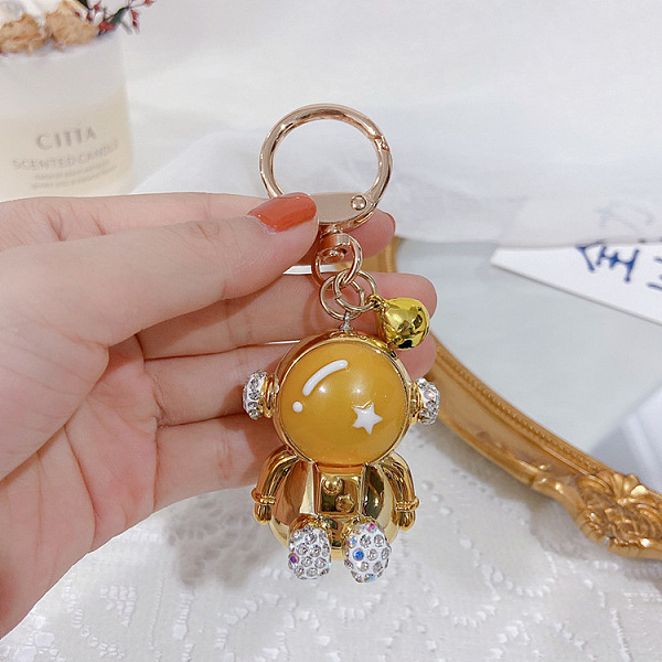 PandaHall Sparkling Cartoon Keychain with Bell for Car Keys - Creative Space-themed Design, Gold, size 1 Other Gold