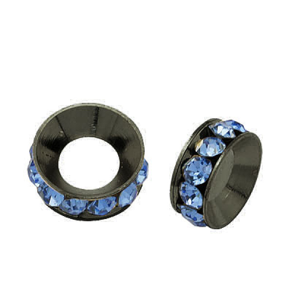 

PandaHall Brass Rhinestone Spacer Beads, Grade A, Rondelle, Gunmetal, Light Sapphire, about 10mm in diameter, 4.2mm thick, hole: 4.2mm..., Blue