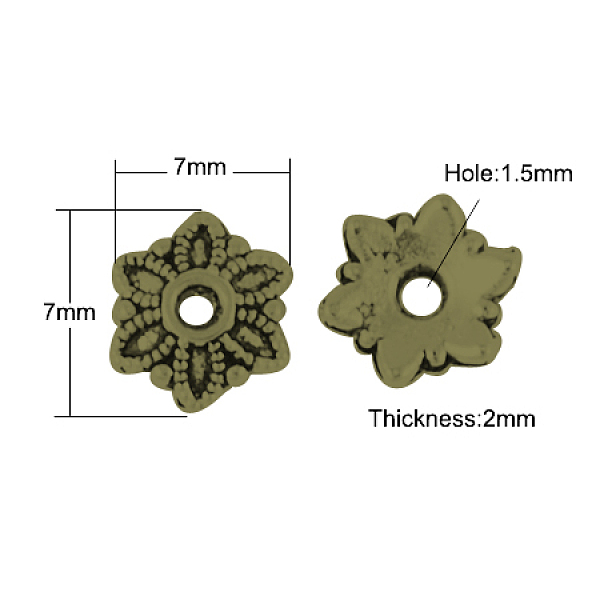 

PandaHall Tibetan Style Caps, Cadmium Free & Nickel Free & Lead Free, Flower, Antique Bronze, 7x7x2mm, Hole: 1.5mm Alloy