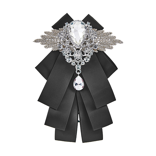 PandaHall Bowknot Polyester Suit Necktie, Pre-tied Adjustable/Elastic School Uniform Ties, with Glass Rhinestone & Iron Findings, Black