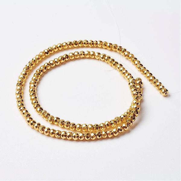 

PandaHall Non-magnetic Synthetic Hematite Beads Strands, Faceted, Rondelle, Golden Plated, 4x2mm, Hole: 1mm, about 212pcs/strand, 15.7 inch...