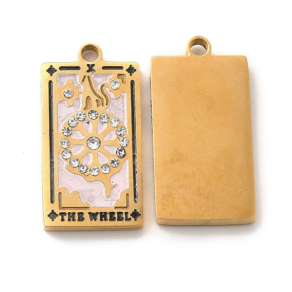 

PandaHall 304 Stainless Steel Pendants, with Enamel and Rhinestone, Golden, Rectangle with Tarot Pattern, The Wheel of Fortune X, Pink...