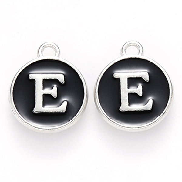 

PandaHall Platinum Plated Alloy Charms, Cadmium Free & Lead Free, with Enamel, Enamelled Sequins, Flat Round with Letter, Letter.E..., Black