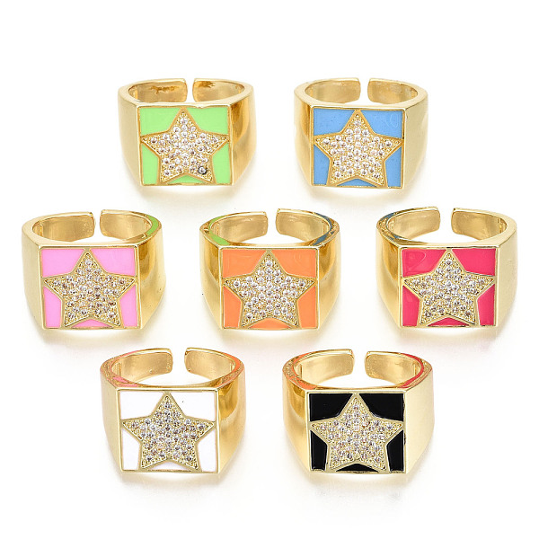 

PandaHall Brass Micro Pave Clear Cubic Zirconia Cuff Rings, Open Rings, with Enamel, Nickel Free, Rectangle with Star, Real 16K Gold Plated..., Multicolor
