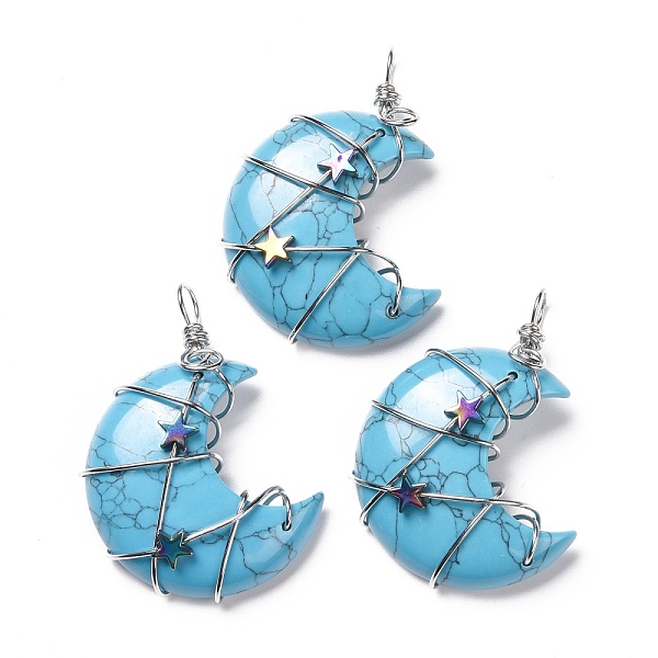 

PandaHall Synthetic Turquoise Pendants, with Platinum Tone Brass Wire Wrapped and Hematite Star Beads, Cadmium Free & Lead Free, Moon...