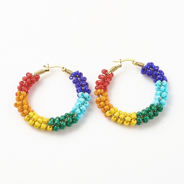 

PandaHall Porcelain Beaded Huggie Hoop Earrings for Women, Real 18K Gold Plated Big Circle Brass Hoop Earrings, Colorful, 44x45x8.5mm, Pin...
