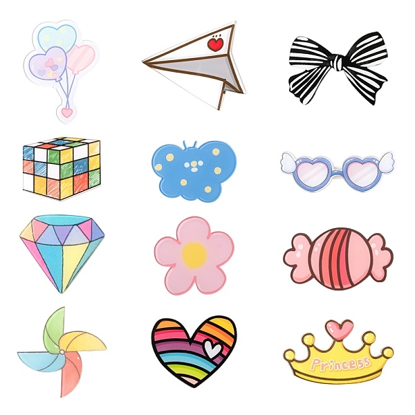 

PandaHall 12Pcs 12 Style Acrylic Badges Brooch pins, Cute Lapel Pin, Heart Glasses & Crown & Bowknot & Candy & Magic Cube & Windmill &..., Multicolor