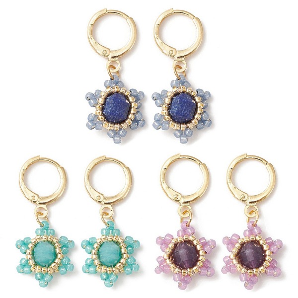 

PandaHall Natural Mixed Gemstone & Seed Beaded Star Dangle Leverback Earrings, Golden Brass Earrings, 32x13~13.5mm Mixed Stone Multicolor