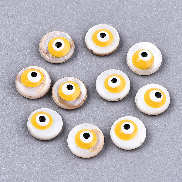PandaHall Natural Freshwater Shell Beads, with Enamel, Flat Round with Evil Eye, Gold, 9x4.5mm, Hole: 0.8mm Freshwater Shell Evil Eye Gold