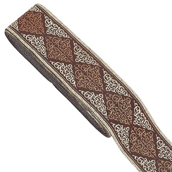 

PandaHall DELORIGIN 10 Yards Ethnic Style Jacquard Ribbon, 2 inch (50mm) Rhombus Fabric Trim Embroidered Woven Lace Ribbon for Sewing..., Brown